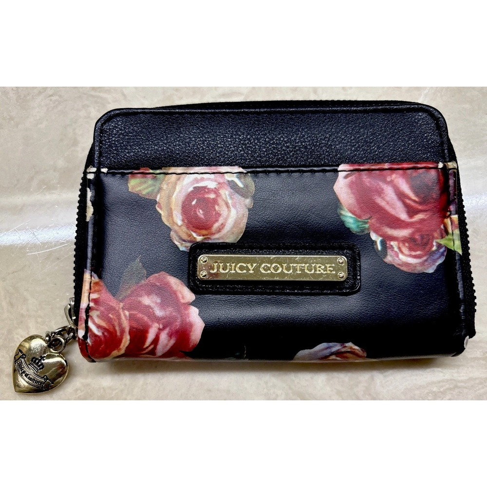 Rare Juicy Couture Roses In Bloom Black Zip Wallet 5 W x 3.75 L Women's New